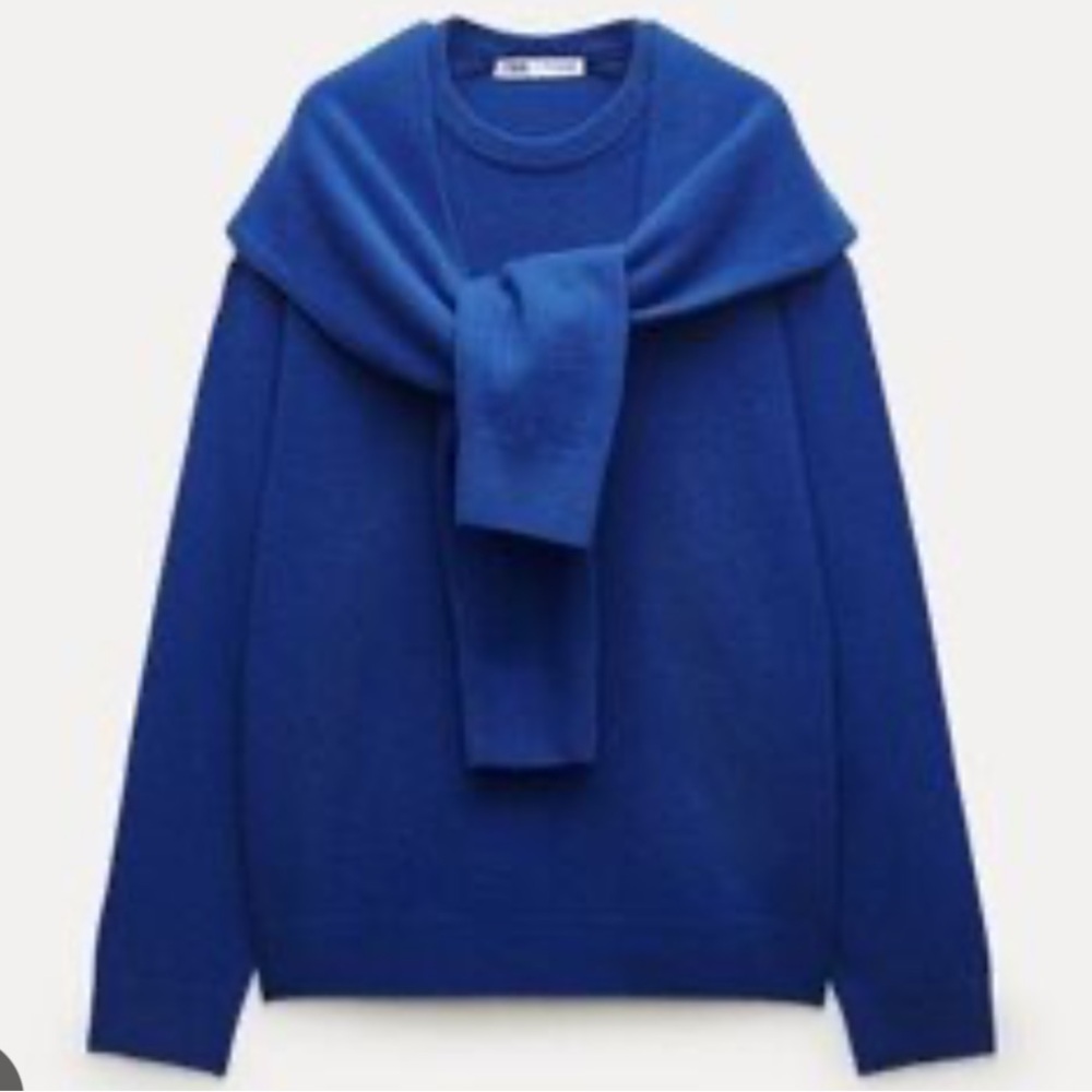 Zara Women's Blue Wool Sweater with Built-In Scarf